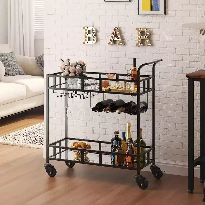 Dessertes de bar à roulettes à 2 niveaux pour la maison, petites dessertes à alcool avec étagères miroir, casiers à vin et porte-verres
