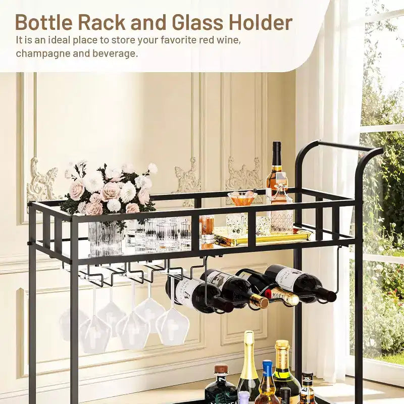 Dessertes de bar à roulettes à 2 niveaux pour la maison, petites dessertes à alcool avec étagères miroir, casiers à vin et porte-verres