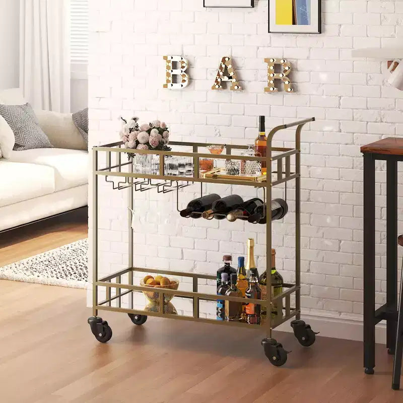 Dessertes de bar à roulettes à 2 niveaux pour la maison, petites dessertes à alcool avec étagères miroir, casiers à vin et porte-verres