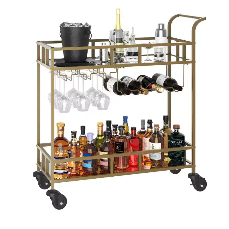 Dessertes de bar à roulettes à 2 niveaux pour la maison, petites dessertes à alcool avec étagères miroir, casiers à vin et porte-verres