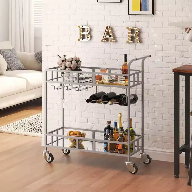 Dessertes de bar à roulettes à 2 niveaux pour la maison, petites dessertes à alcool avec étagères miroir, casiers à vin et porte-verres
