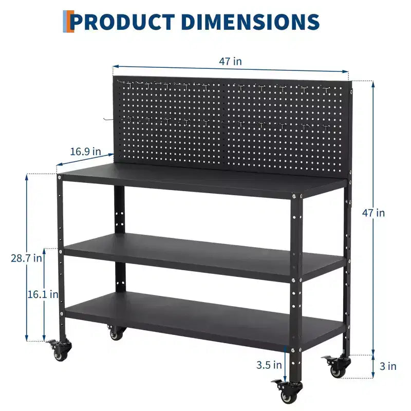 Établi avec panneau perforé, table de travail à cadre en acier avec étagères de rangement pour garage et atelier