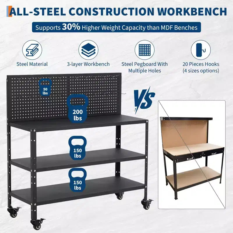 Établi avec panneau perforé, table de travail à cadre en acier avec étagères de rangement pour garage et atelier