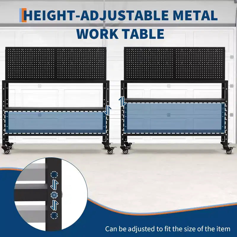 Établi avec panneau perforé, table de travail à cadre en acier avec étagères de rangement pour garage et atelier