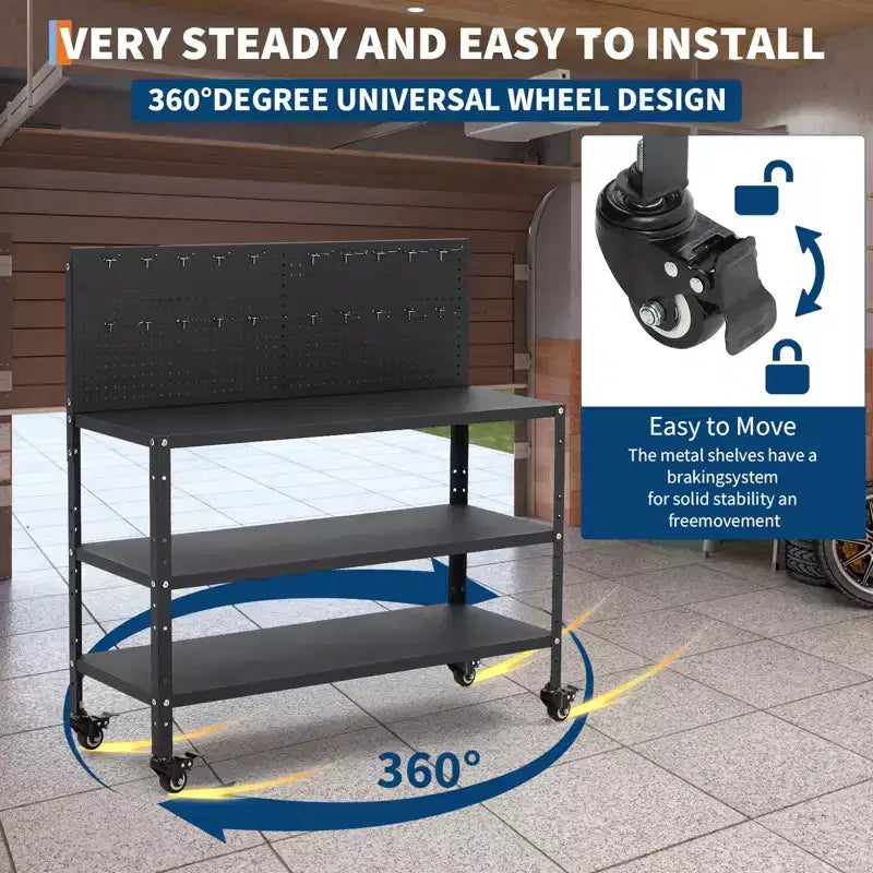 Établi avec panneau perforé, table de travail à cadre en acier avec étagères de rangement pour garage et atelier