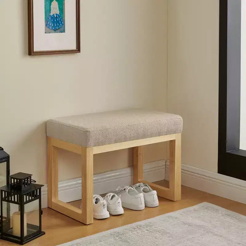 Pouf de rangement moderne - Revêtement en tissu bouclette, cadre en bois massif, banc à chaussures pour entrée