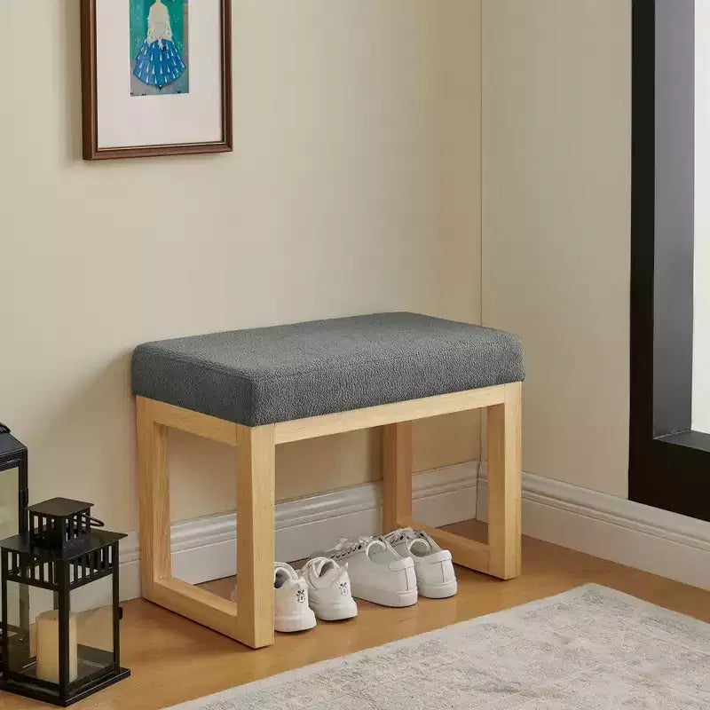 Pouf de rangement moderne - Revêtement en tissu bouclette, cadre en bois massif, banc à chaussures pour entrée