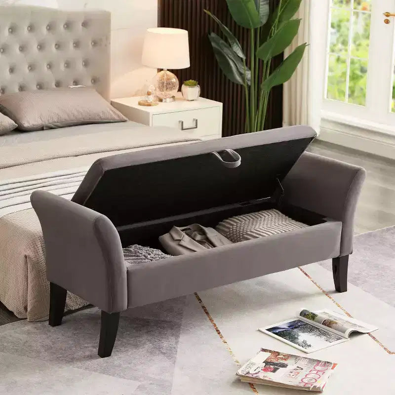 Banc de rangement en velours de 51,5 po avec accoudoirs incurvés - Touffeté, pieds en bois massif