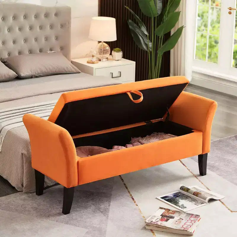 Banc de rangement en velours de 51,5 po avec accoudoirs incurvés - Touffeté, pieds en bois massif