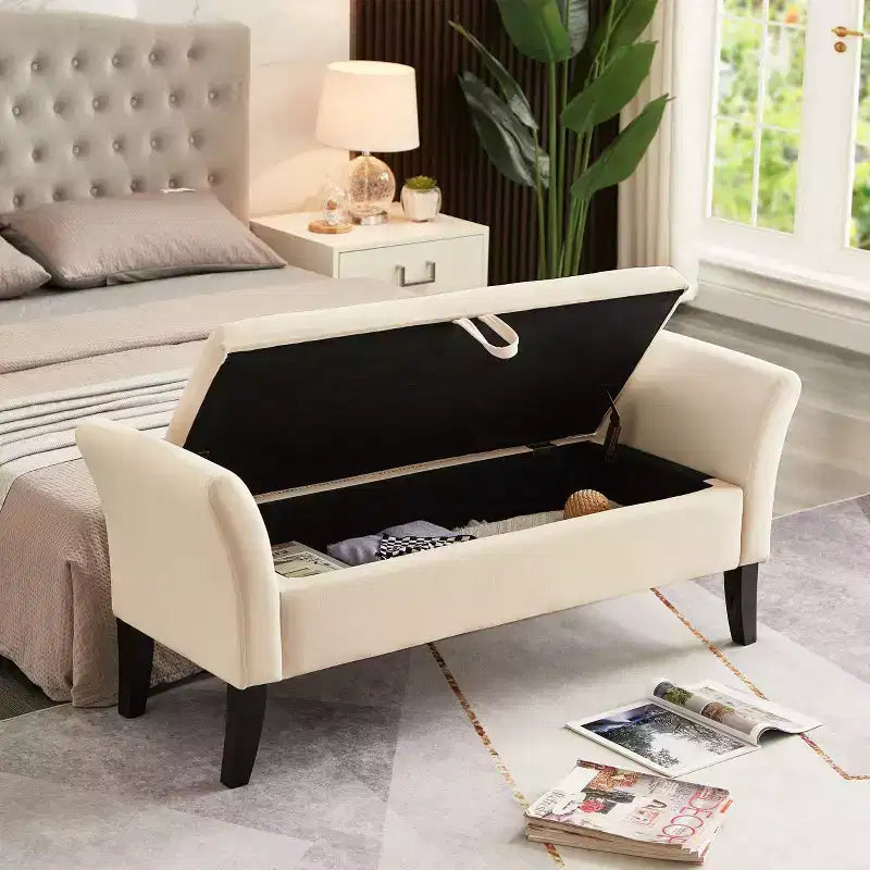 Banc de rangement en velours de 51,5 po avec accoudoirs incurvés - Touffeté, pieds en bois massif