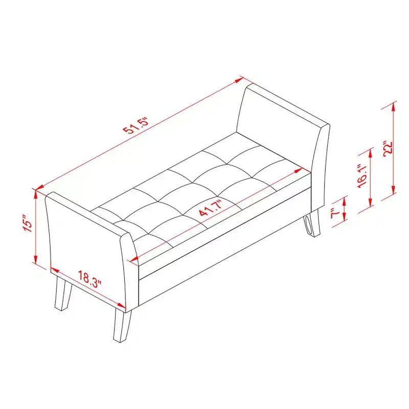 Banc de rangement en velours de 51,5 po avec accoudoirs incurvés - Touffeté, pieds en bois massif