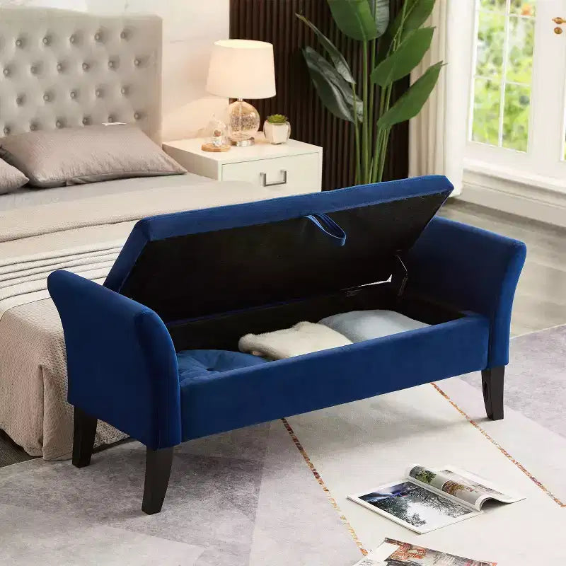Banc de rangement en velours de 51,5 po avec accoudoirs incurvés - Touffeté, pieds en bois massif