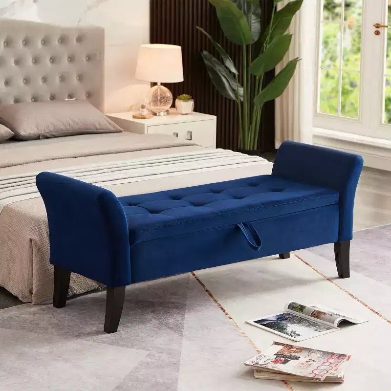 Banc de rangement en velours de 51,5 po avec accoudoirs incurvés - Touffeté, pieds en bois massif