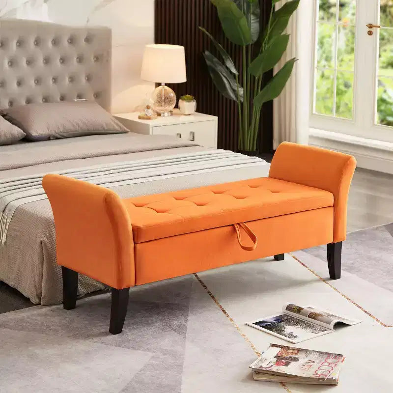 Banc de rangement en velours de 51,5 po avec accoudoirs incurvés - Touffeté, pieds en bois massif