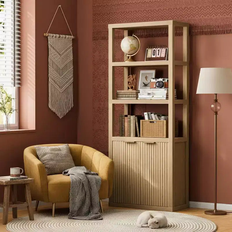 Bibliothèque à 5 niveaux avec portes - Vitrine haute en bois et étagère de rangement sur pied