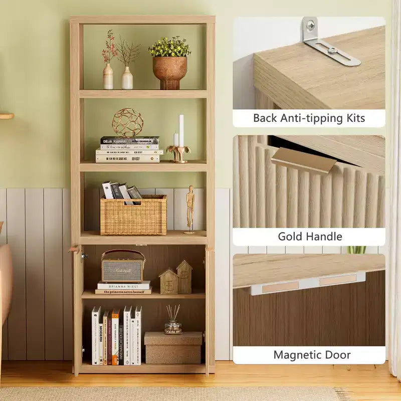 Bibliothèque à 5 niveaux avec portes - Vitrine haute en bois et étagère de rangement sur pied