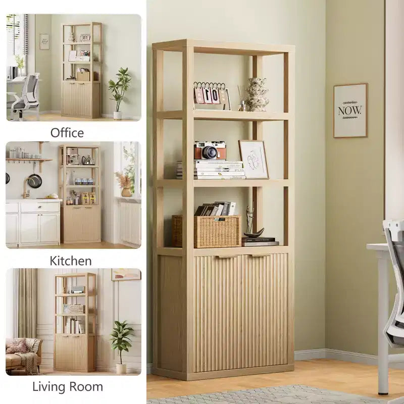 Bibliothèque à 5 niveaux avec portes - Vitrine haute en bois et étagère de rangement sur pied