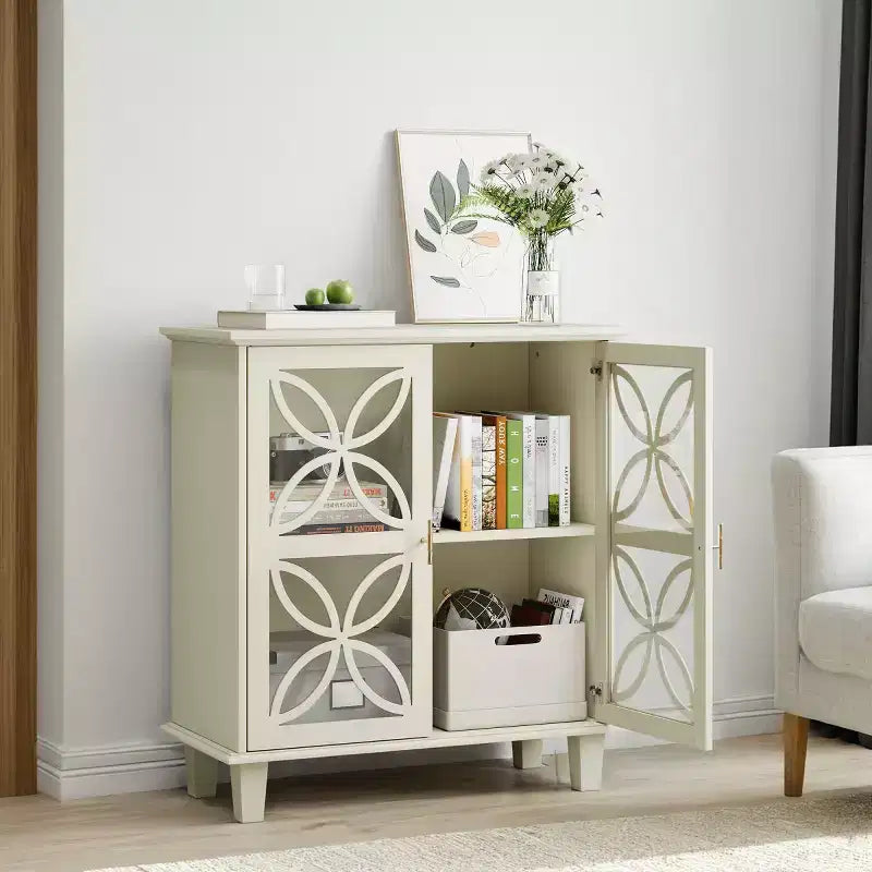 Buffet d'appoint crème 81 cm avec portes vitrées à cadre festonné – Bahut Rétro Moderne, Pieds en Bois Massif