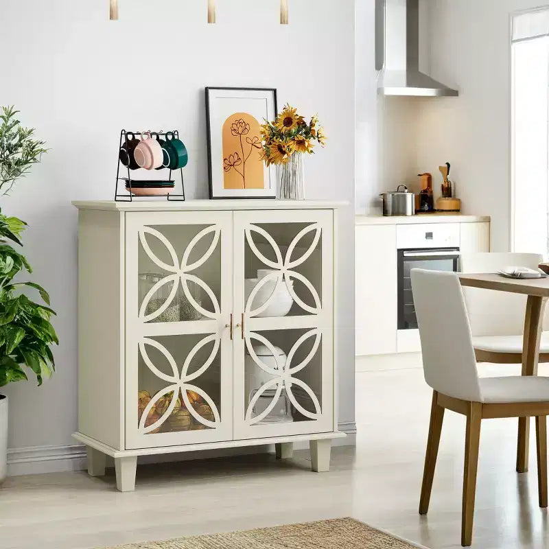 Buffet d'appoint crème 81 cm avec portes vitrées à cadre festonné – Bahut Rétro Moderne, Pieds en Bois Massif