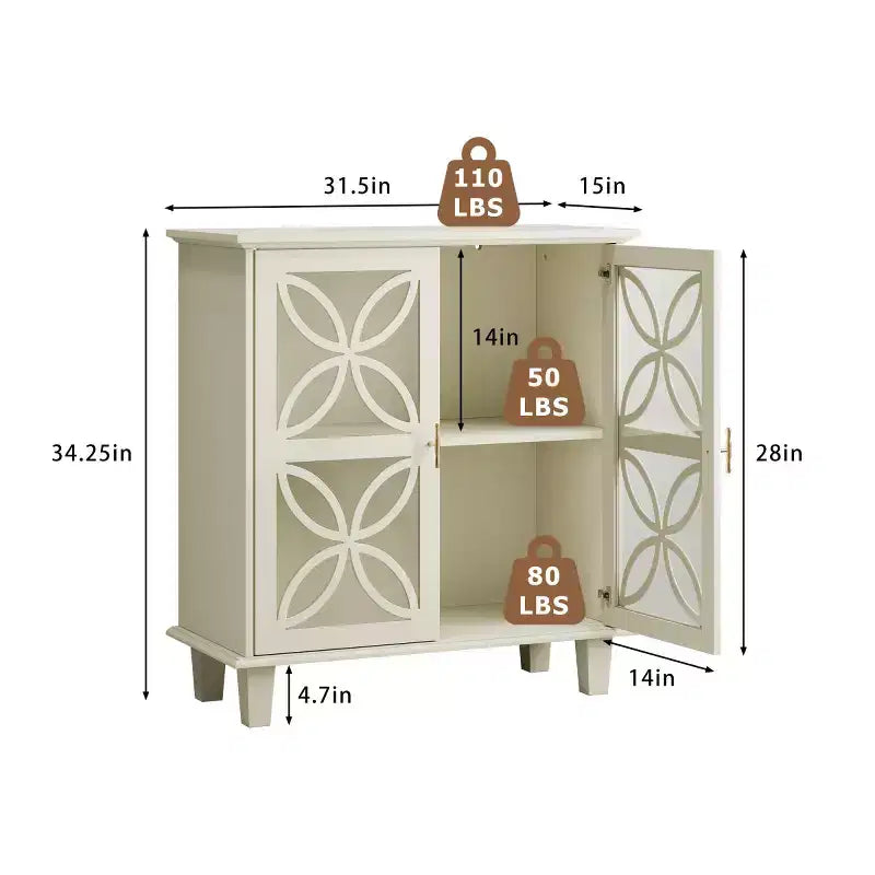 Buffet d'appoint crème 81 cm avec portes vitrées à cadre festonné – Bahut Rétro Moderne, Pieds en Bois Massif