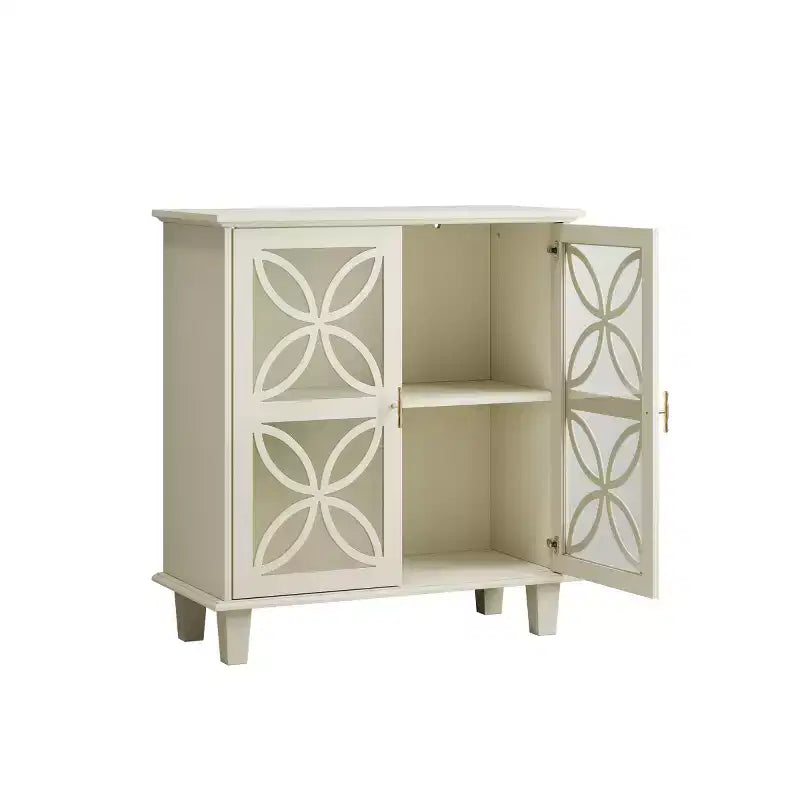 Buffet d'appoint crème 81 cm avec portes vitrées à cadre festonné – Bahut Rétro Moderne, Pieds en Bois Massif