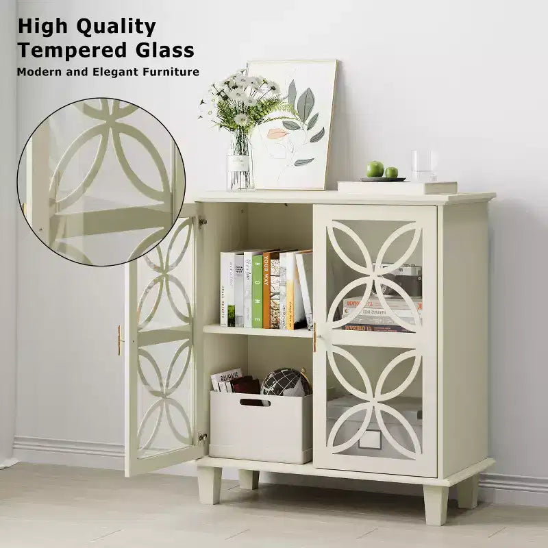Buffet d'appoint crème 81 cm avec portes vitrées à cadre festonné – Bahut Rétro Moderne, Pieds en Bois Massif