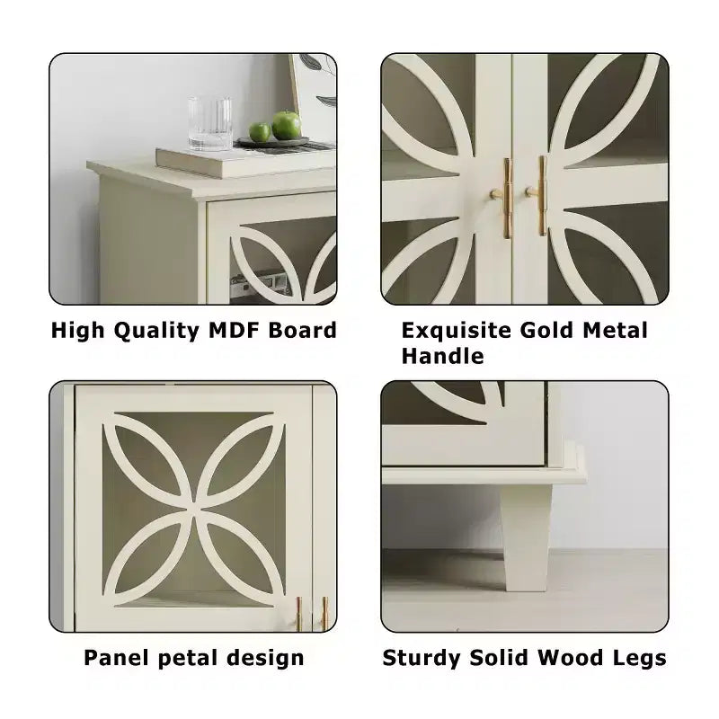Buffet d'appoint crème 81 cm avec portes vitrées à cadre festonné – Bahut Rétro Moderne, Pieds en Bois Massif