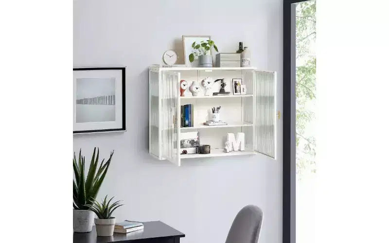 Buffet moderne à 3 niveaux – Fer et verre trempé, 2 portes, mural ou autoportant