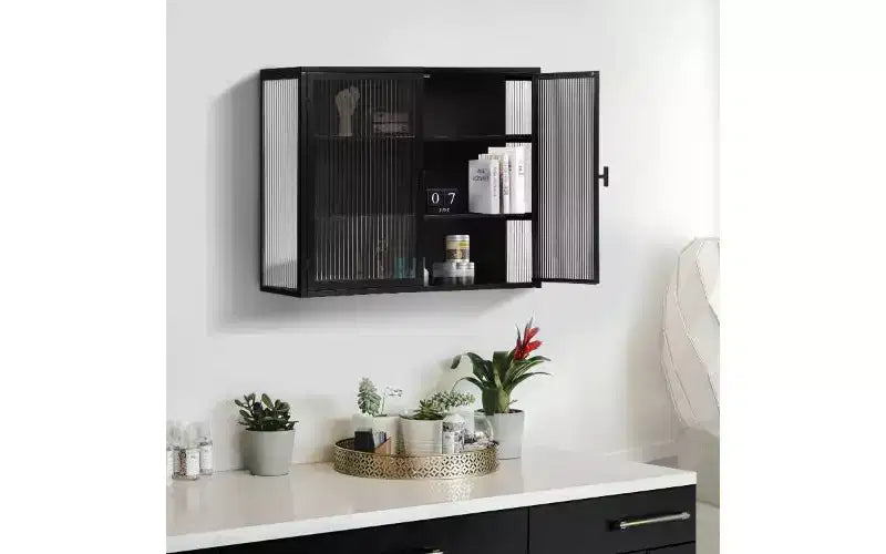 Buffet moderne à 3 niveaux – Fer et verre trempé, 2 portes, mural ou autoportant