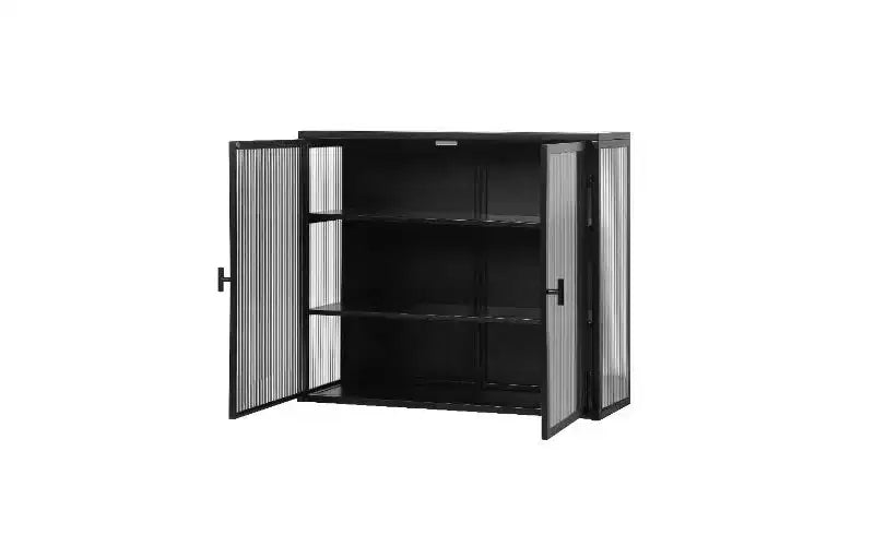 Buffet moderne à 3 niveaux – Fer et verre trempé, 2 portes, mural ou autoportant
