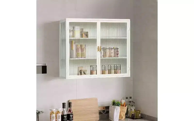 Buffet moderne à 3 niveaux – Fer et verre trempé, 2 portes, mural ou autoportant
