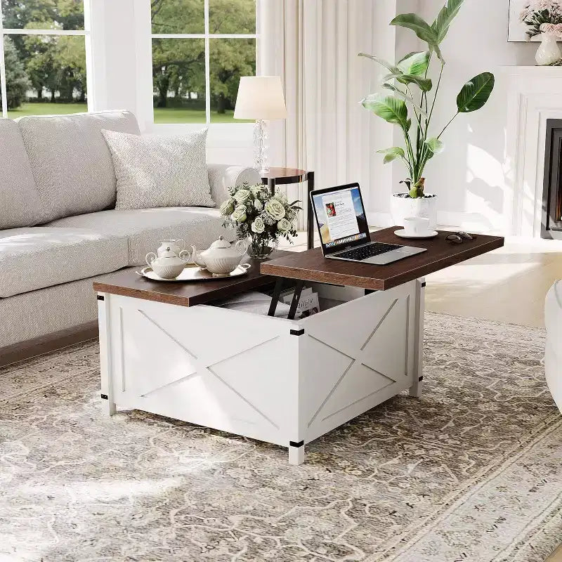 Table basse relevable - Style industriel rustique avec rangement dissimulé