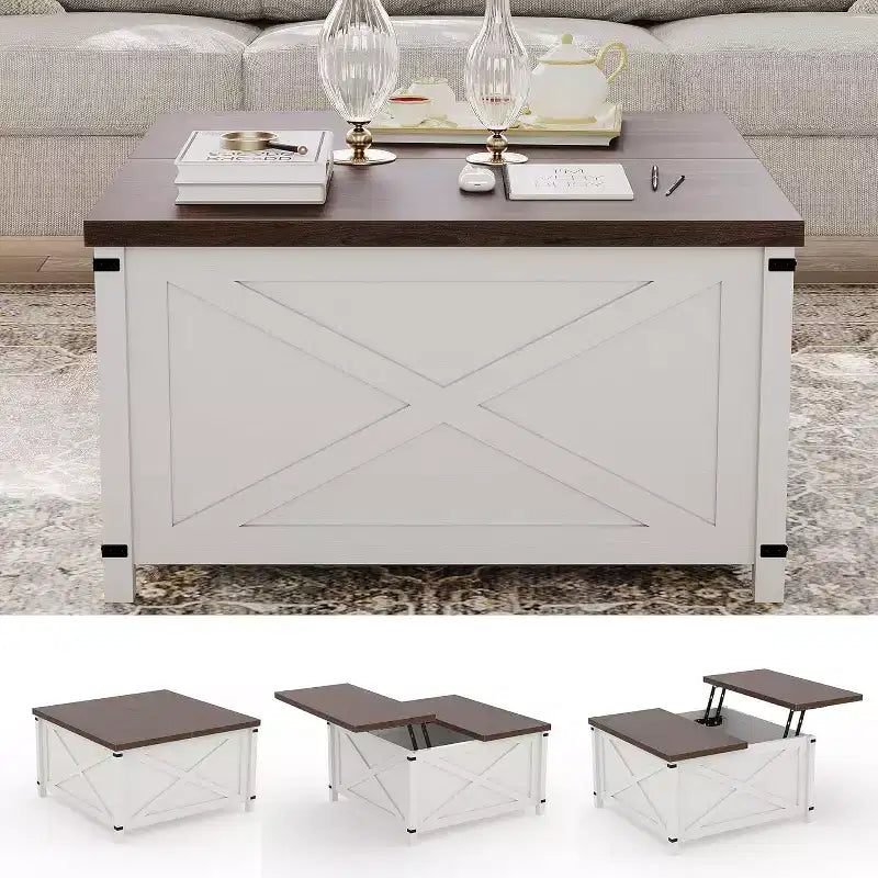 Table basse relevable - Style industriel rustique avec rangement dissimulé