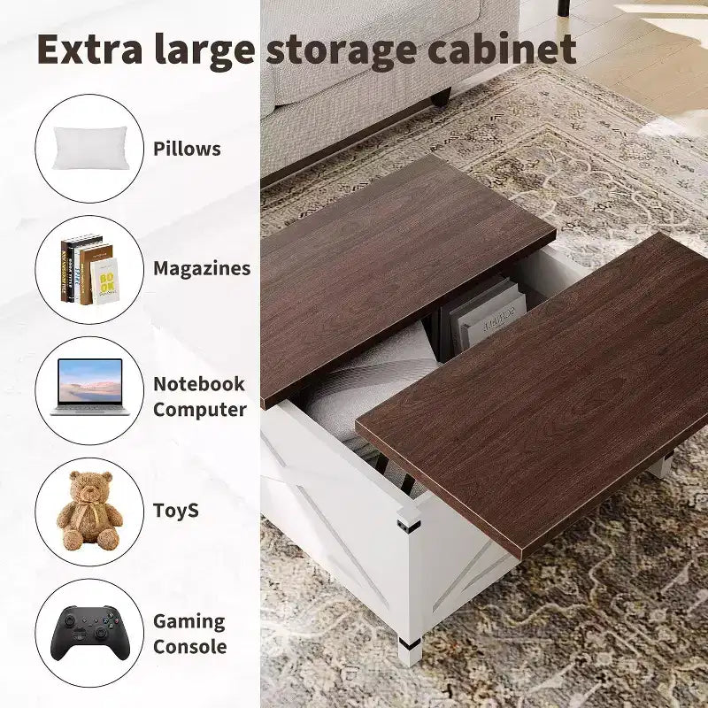 Table basse relevable - Style industriel rustique avec rangement dissimulé