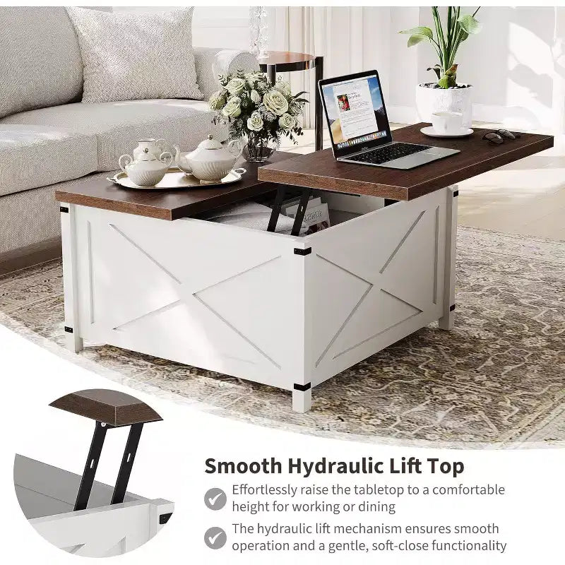 Table basse relevable - Style industriel rustique avec rangement dissimulé