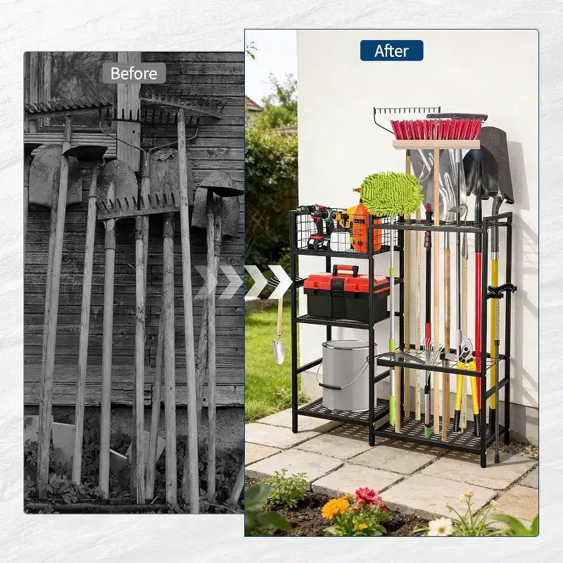 Range-outils de jardin robuste à 3 niveaux – 35 fentes et crochets, en acier, pour garage et abri de jardin