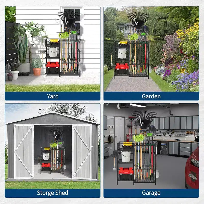 Range-outils de jardin robuste à 3 niveaux – 35 fentes et crochets, en acier, pour garage et abri de jardin