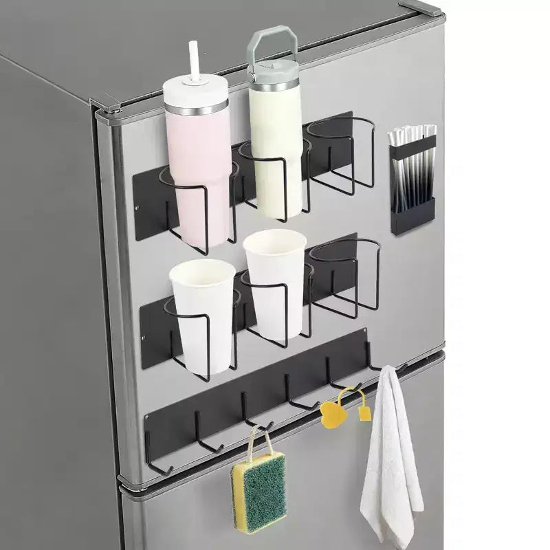 Organisateur magnétique pour porte-gobelet - Support pour bouteille d'eau avec crochets pour couvercle et support pour pailles, acier noir