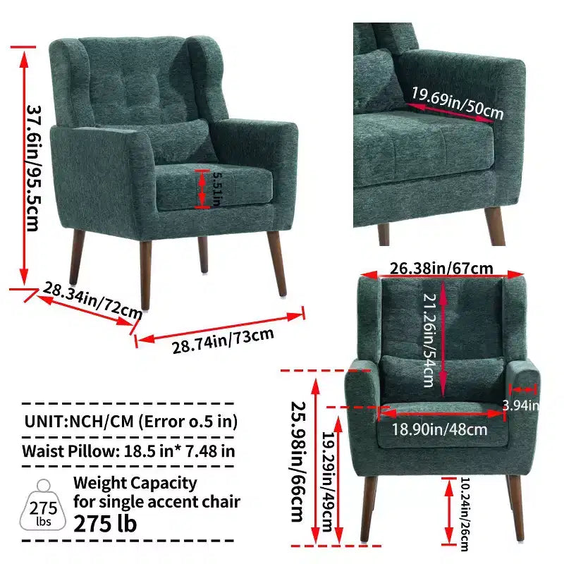 Fauteuil d'appoint en chenille - Fauteuil de salon moderne avec coussin, dossier ergonomique, pieds en bois fuselés