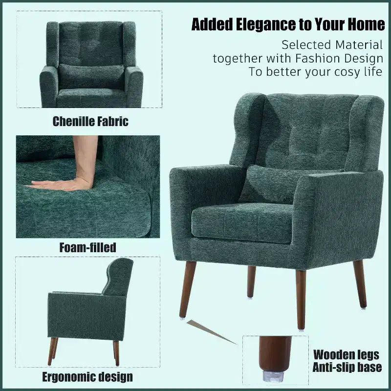 Fauteuil d'appoint en chenille - Fauteuil de salon moderne avec coussin, dossier ergonomique, pieds en bois fuselés