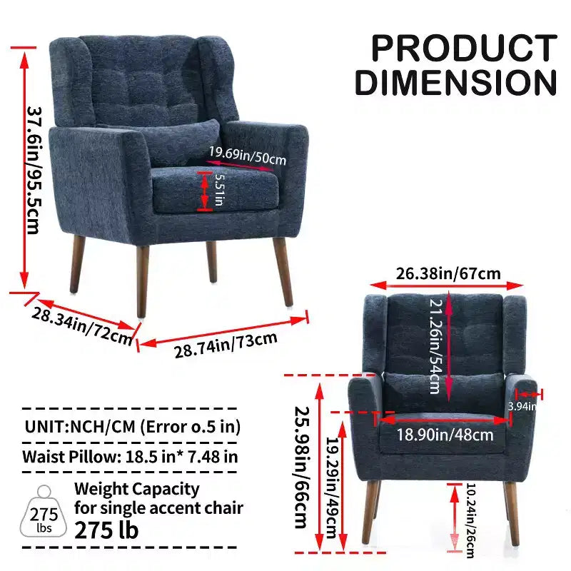 Fauteuil d'appoint en chenille - Fauteuil de salon moderne avec coussin, dossier ergonomique, pieds en bois fuselés