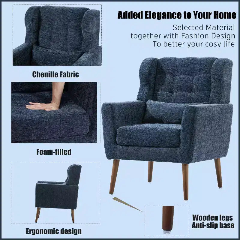 Fauteuil d'appoint en chenille - Fauteuil de salon moderne avec coussin, dossier ergonomique, pieds en bois fuselés