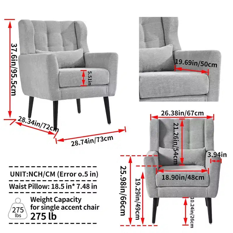 Fauteuil d'appoint en chenille - Fauteuil de salon moderne avec coussin, dossier ergonomique, pieds en bois fuselés