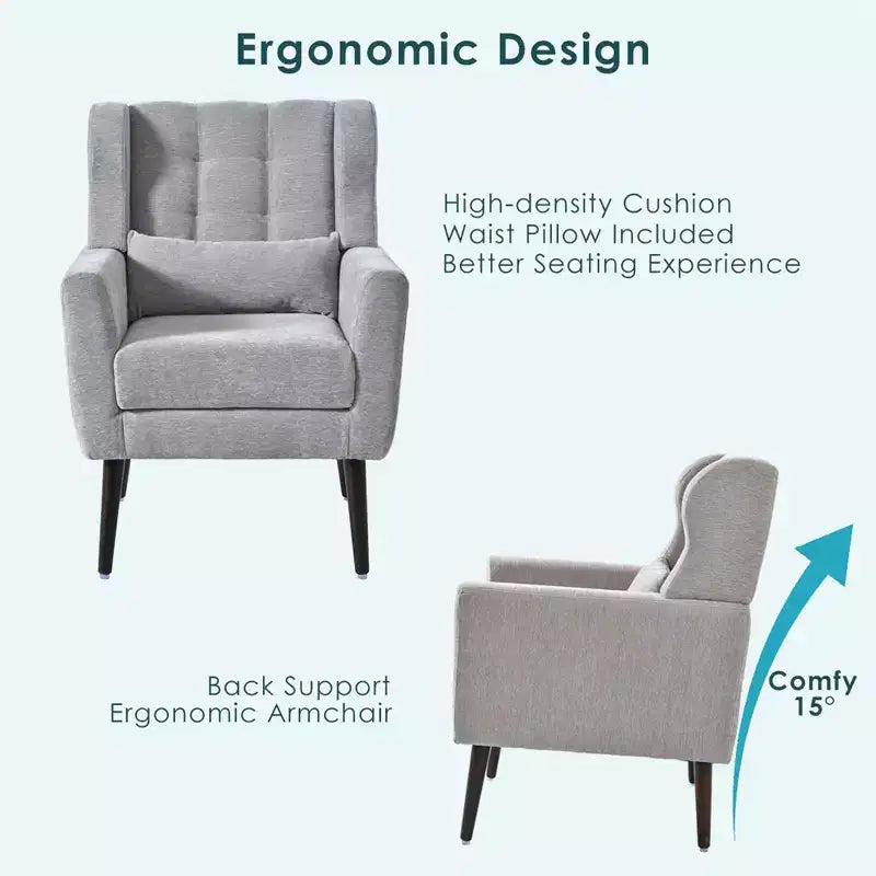 Fauteuil d'appoint en chenille - Fauteuil de salon moderne avec coussin, dossier ergonomique, pieds en bois fuselés