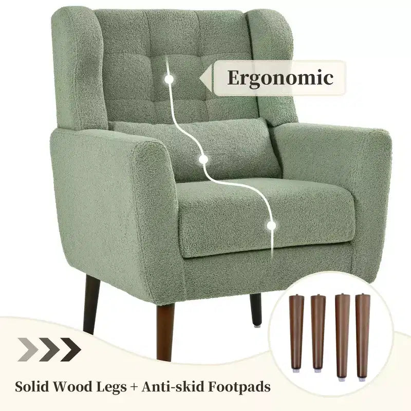 Fauteuil d'appoint en chenille - Fauteuil de salon moderne avec coussin, dossier ergonomique, pieds en bois fuselés