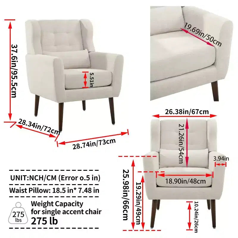 Fauteuil d'appoint en chenille - Fauteuil de salon moderne avec coussin, dossier ergonomique, pieds en bois fuselés