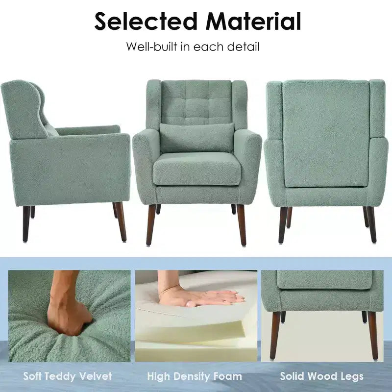 Fauteuil d'appoint en chenille - Fauteuil de salon moderne avec coussin, dossier ergonomique, pieds en bois fuselés