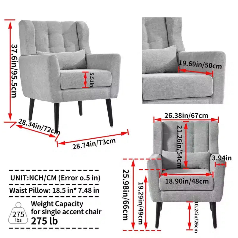 Fauteuil d'appoint en chenille - Fauteuil de salon moderne avec coussin, dossier ergonomique, pieds en bois fuselés