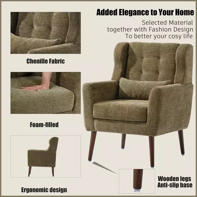 Fauteuil d'appoint en chenille - Fauteuil de salon moderne avec coussin, dossier ergonomique, pieds en bois fuselés