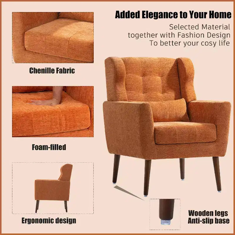 Fauteuil d'appoint en chenille - Fauteuil de salon moderne avec coussin, dossier ergonomique, pieds en bois fuselés